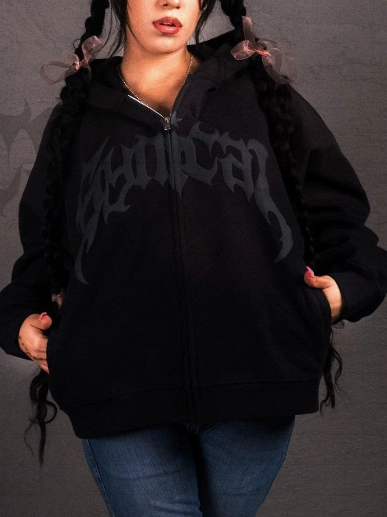 Punk Gothic Oversize Hoodie mit Wascheffekt und Buchstabendruck