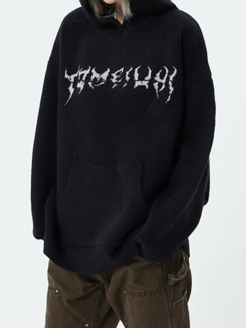 Schwarzer Punk Hoodie Kapuzenpullover mit Skull Jacquardmuster