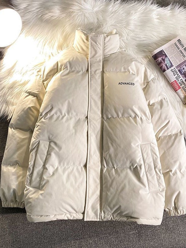 Vintage Einfarbige Kurze Steppjacke mit Hohem Kragen und Reißverschluss
