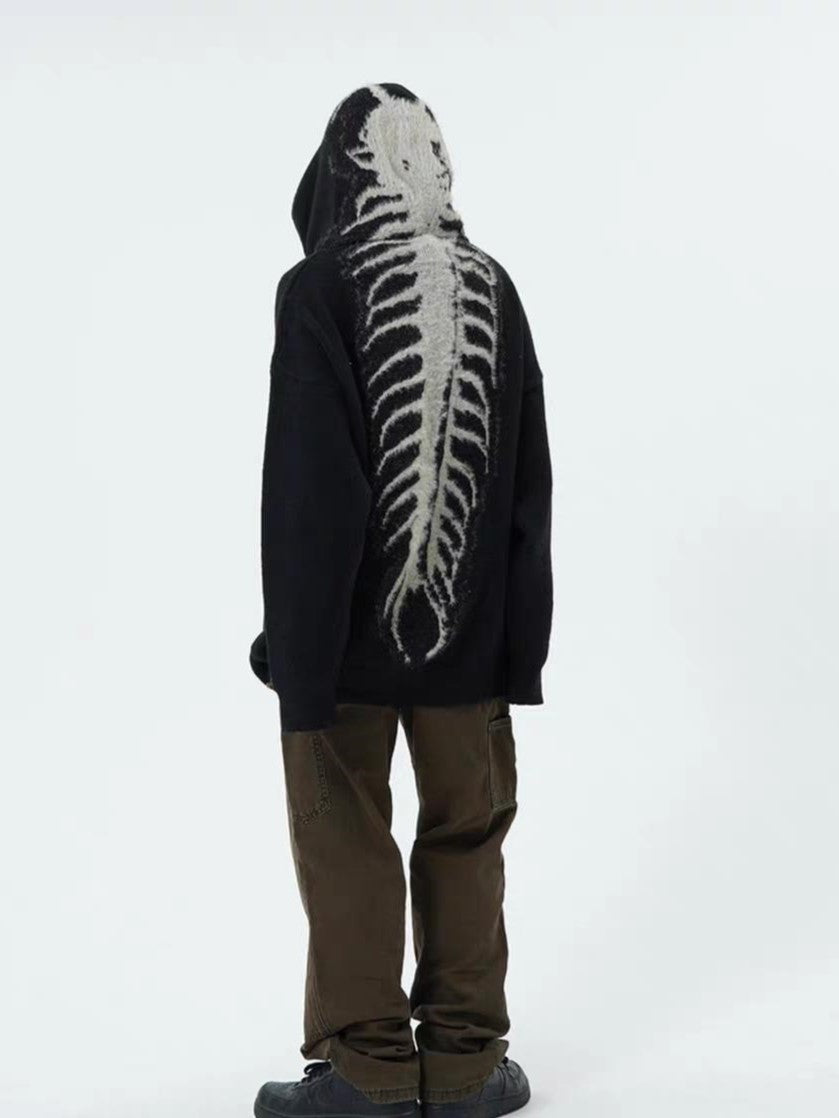 Schwarzer Punk Hoodie Kapuzenpullover mit Skull Jacquardmuster
