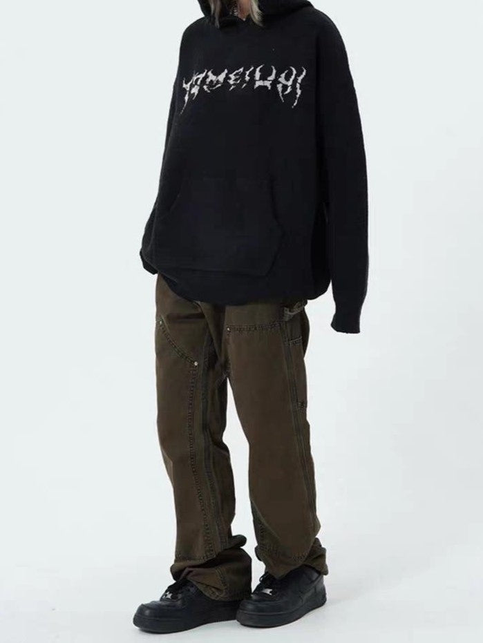 Schwarzer Punk Hoodie Kapuzenpullover mit Skull Jacquardmuster