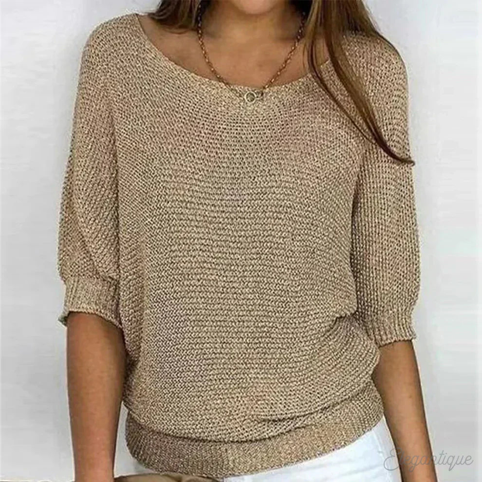 Damen 3/4-Ärmeln Gestricktes Top | Rundhalsausschnitt