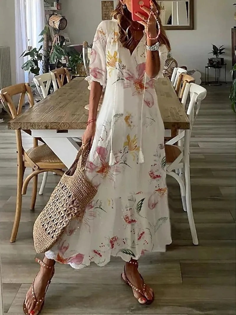 Damen Kurzarm V-Ausschnitt Bohemien Sommerkleid | Maxi
