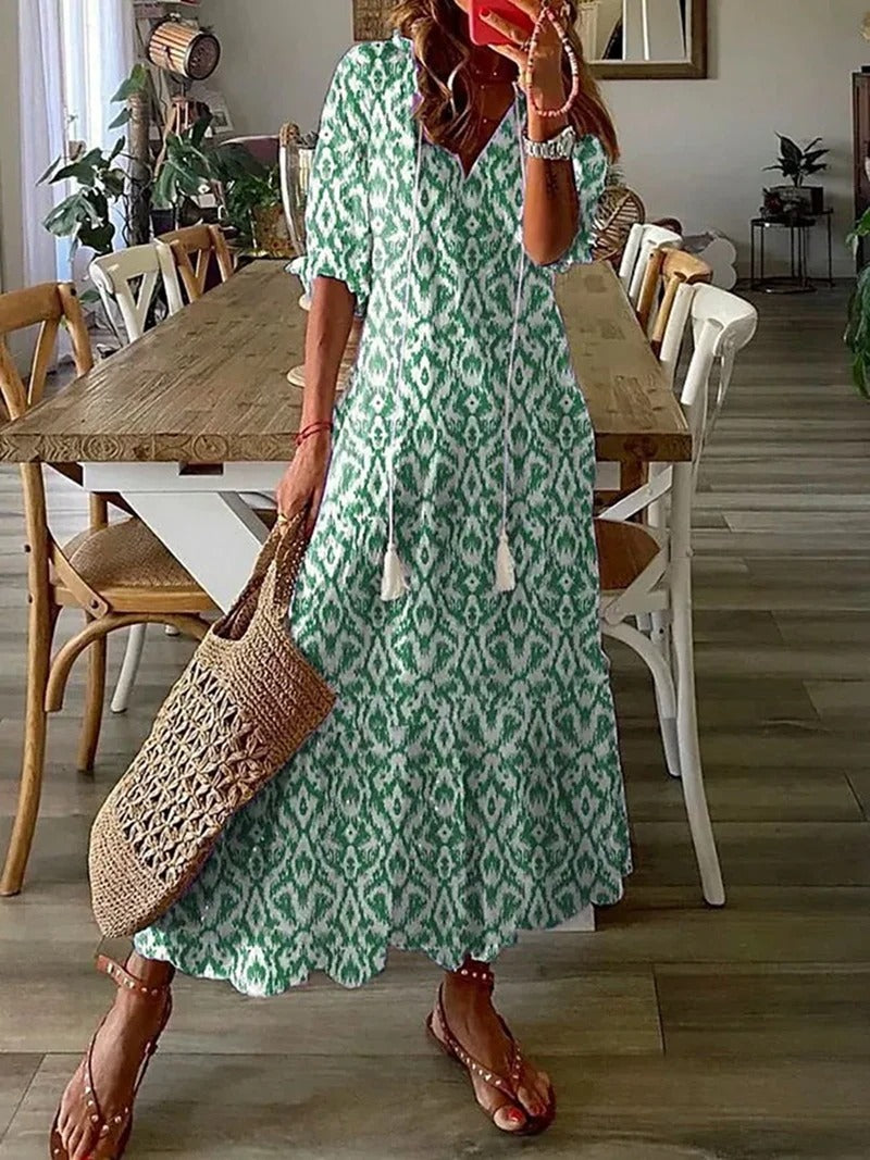 Damen Kurzarm V-Ausschnitt Bohemien Sommerkleid | Maxi