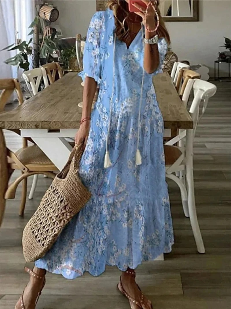 Damen Kurzarm V-Ausschnitt Bohemien Sommerkleid | Maxi