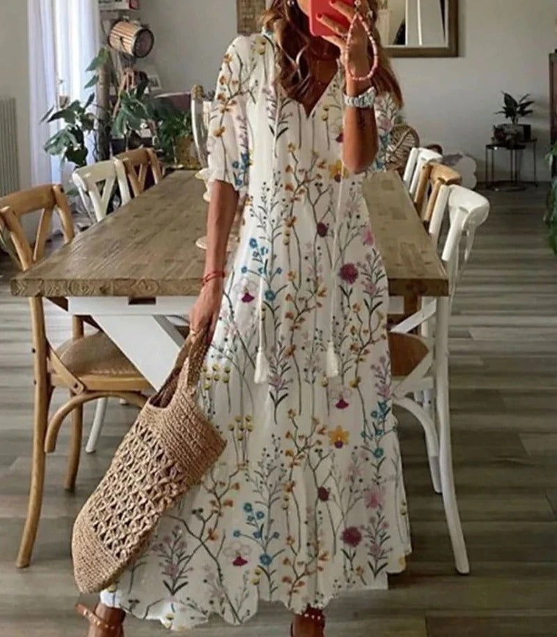 Damen Kurzarm V-Ausschnitt Bohemien Sommerkleid | Maxi