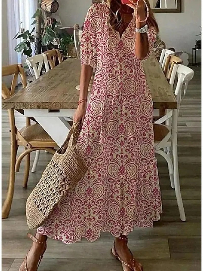 Damen Kurzarm V-Ausschnitt Bohemien Sommerkleid | Maxi