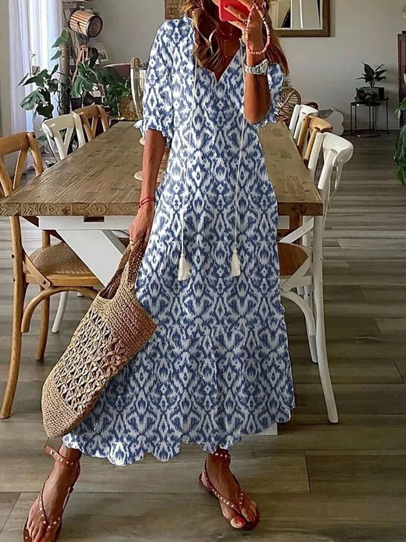 Damen Kurzarm V-Ausschnitt Bohemien Sommerkleid | Maxi