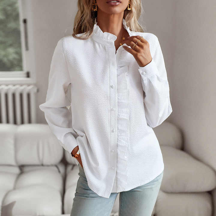 Damen Rüschenbesatz Knopfleiste Bluse | Langärmlig