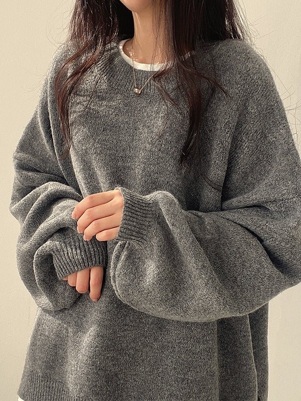 Vintage Einfarbiger Oversize Sweater mit Geschlitztem Saum