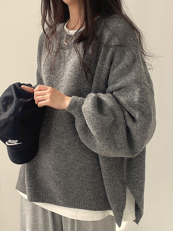 Vintage Einfarbiger Oversize Sweater mit Geschlitztem Saum
