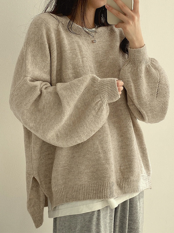 Vintage Einfarbiger Oversize Sweater mit Geschlitztem Saum