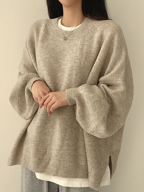Vintage Einfarbiger Oversize Sweater mit Geschlitztem Saum