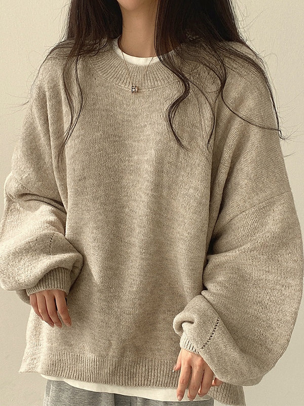 Vintage Einfarbiger Oversize Sweater mit Geschlitztem Saum