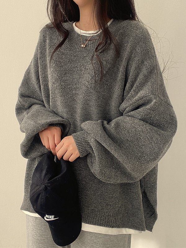 Vintage Einfarbiger Oversize Sweater mit Geschlitztem Saum