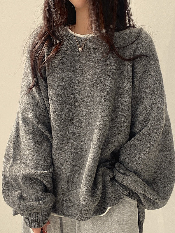 Vintage Einfarbiger Oversize Sweater mit Geschlitztem Saum