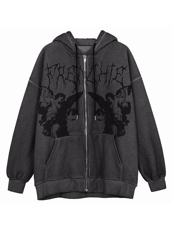 Schwarzer Hoodie mit Reißverschluss und Engel Motiv