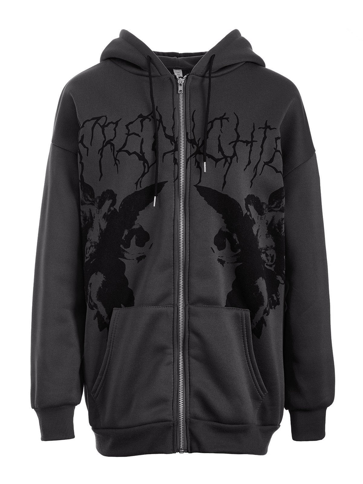 Schwarzer Hoodie mit Reißverschluss und Engel Motiv
