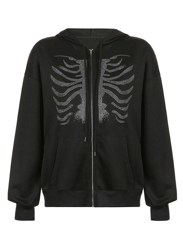 Schwarzer Hoodie mit Reißverschluss und Rhinestone Totenkopf