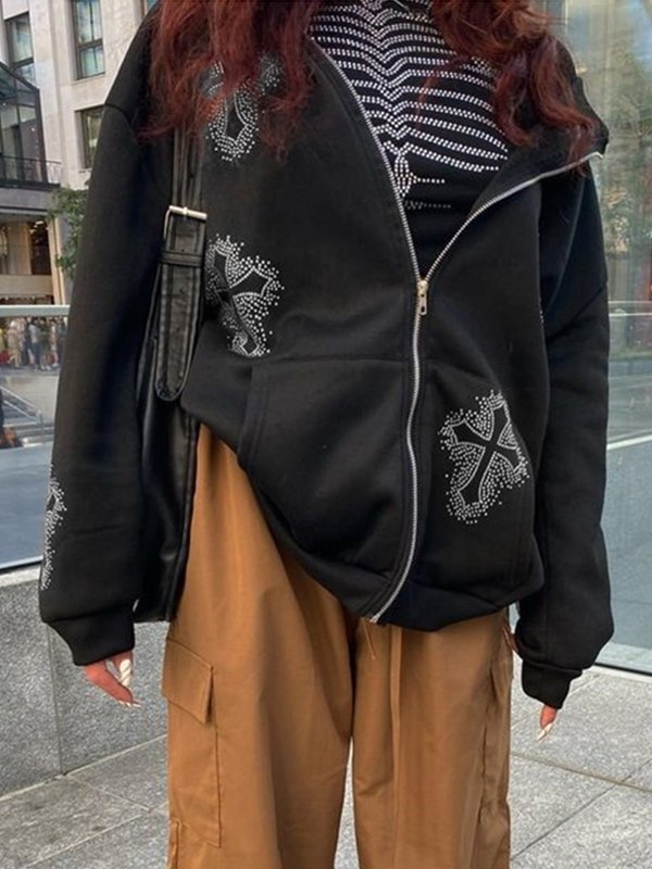 Zip Up Hoodie mit Rhinestone Kreuzmuster