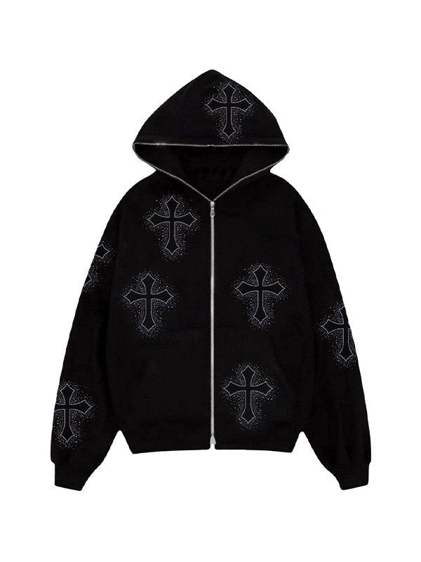 Zip Up Hoodie mit Rhinestone Kreuzmuster