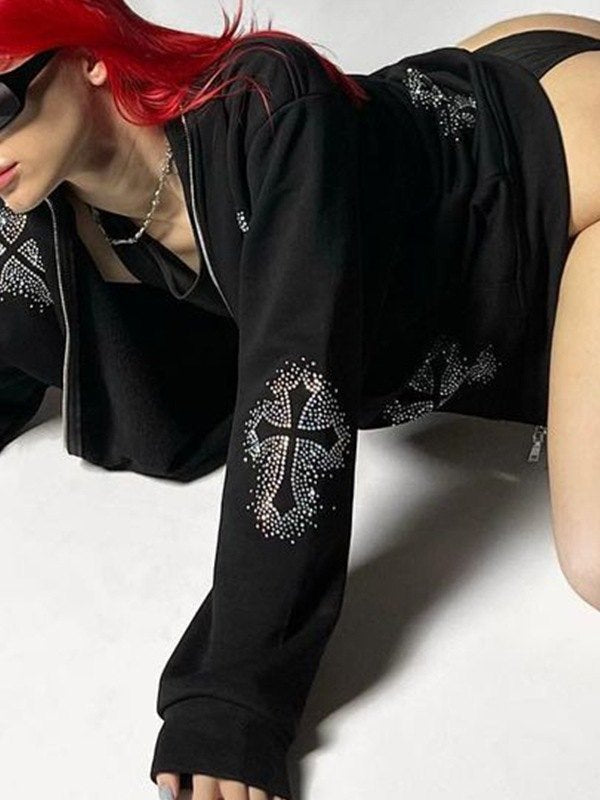 Zip Up Hoodie mit Rhinestone Kreuzmuster
