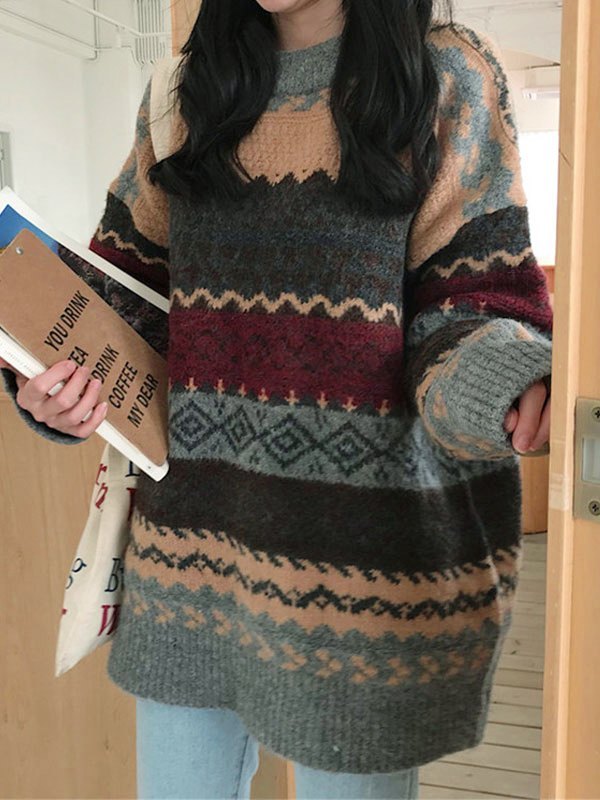 Vintage Oversize Jacquard Strickpullover Sweater