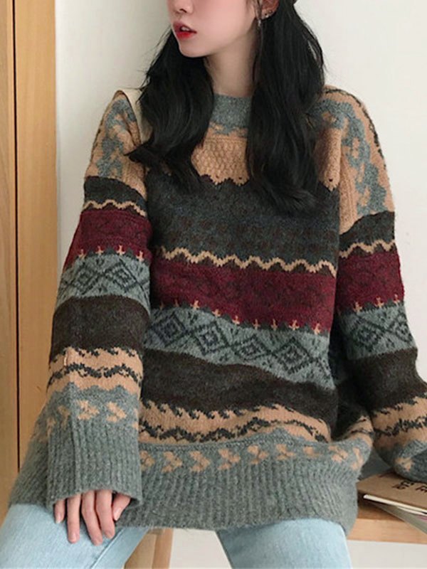 Vintage Oversize Jacquard Strickpullover Sweater