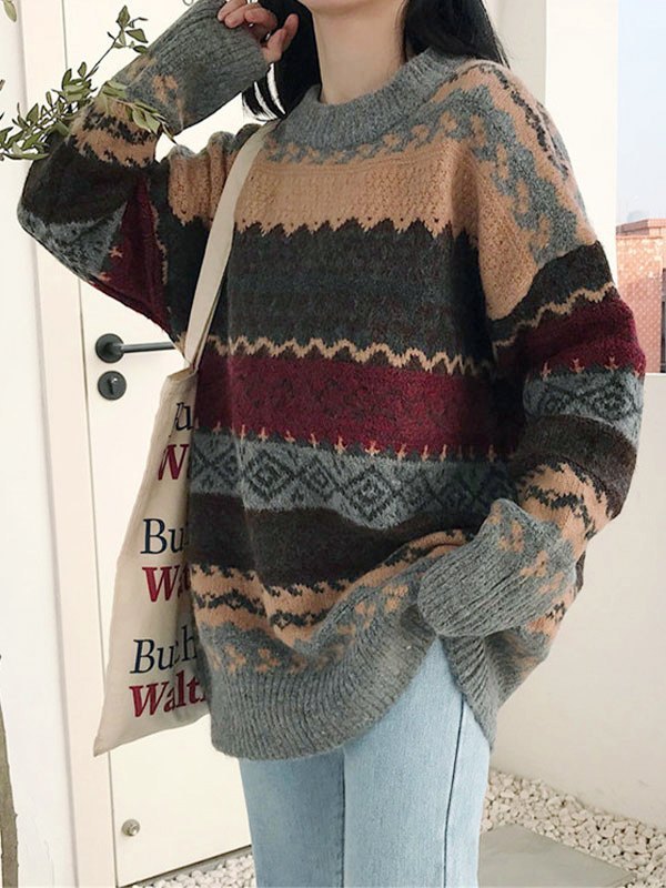 Vintage Oversize Jacquard Strickpullover Sweater