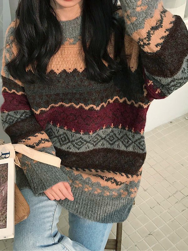Vintage Oversize Jacquard Strickpullover Sweater