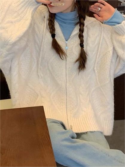 Vintage Oversize Weißer Cardigan mit Kapuze und Reißverschluss